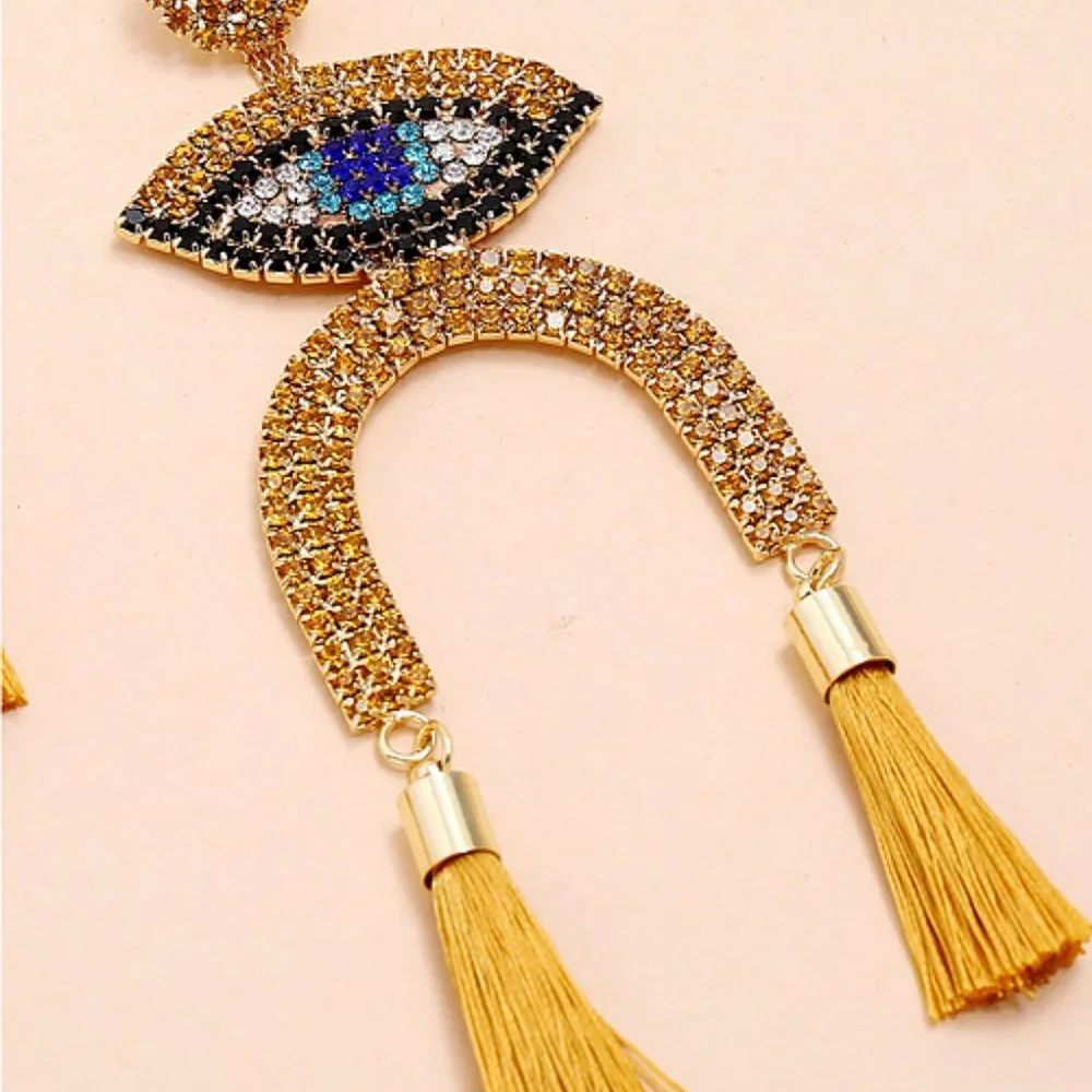 Big Rhinestone Gold and Blue Eye Tassel Drop Earrings - Picture 2 of 2